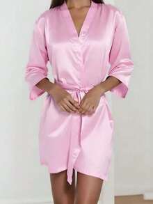 Women's Solid Color Elegant Tie-Front Spring/Summer Bathrobe, Sexy Short Satin Silk Soft Pajamas, Suitable For Brides, Bridesmaids, Home Wear. Wedding Season Short Dress, Letter Pattern, Morning Robe And Sleepwear. - Red - View 10