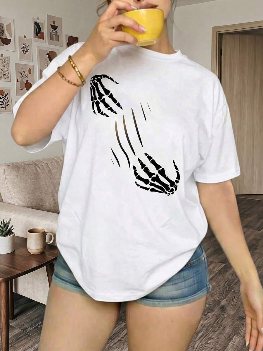 Women's Pure Cotton Short-Sleeved T-Shirt With Skull Print, Loose And Casual Fit, Lightweight And Comfortable For Summer, Ideal For Wearing As Both An Undergarment And An Outer Garment - 白色 - 查看 1
