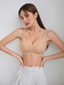 DAZY 1件装休闲舒适女士文胸，卡其色纯色无缝无钢圈文胸，柔软舒适 - 卡其色 - 查看 3