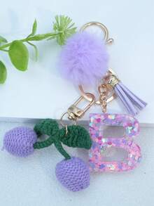 1 buah Gantungan Kunci Huruf Inggris Resin Bermotif Langit Berbintang dengan Hiasan Rumbai dan Bola Bulu Hitam, Liontin Hati, Hadiah untuk Teman dan Ibu - Mauve Purple - View 3