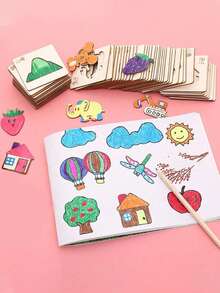20pcs Christmas Decoration Montessori Wooden Animal & Fruit Pattern Painting Doodle Fill-In DIY Painting Template, Back To School - Multicolor - View 5