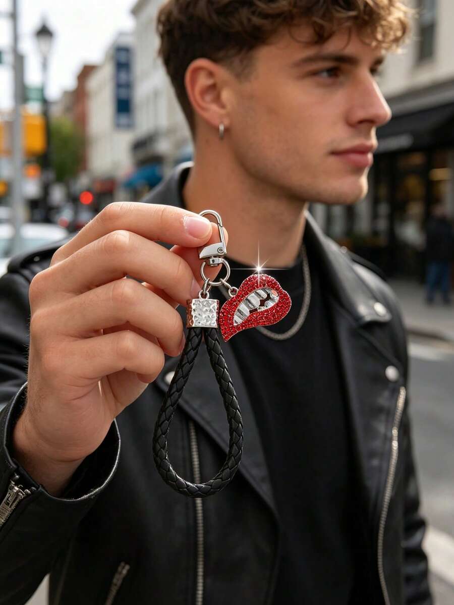 1pc Fashionable European & American Glamorous Personalized Street Style High-End Red Lips Keychain Bag Pendant, Suitable For Men & Women Car Key Bag Decoration - Silver - View 1