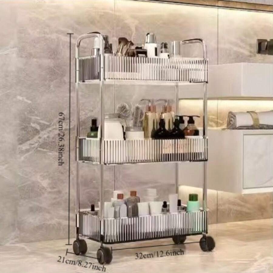 1pc Transparent Movable Cosmetic Storage Cart, Large Capacity Multi-Functional Bathroom Supplies Display Rack, Bathroom Accessories Outdoor Decor - Multicolor - View 1