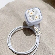 時尚白色菊花圖案 14 Pro Max 英規插頭充電器保護殼，17 15 16 英規 20W 快充頭保護套，數據線保護套 - 無色 - 查看 4
