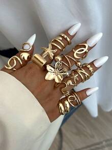 15pcs Multi-Layer Stackable Fashion Minimalist Elegant Exquisite Vintage Design Geometric Ribbon Flower Faux Pearl Starfish Shell Round Bead Cross-Wrap Square Line Metal Glossy Minimalist Plain Band Exaggerated Wide Chunky Rings Set, Holiday Vacation Party Date Gift, Daily Commute Wear, Personalized - Yellow Gold - View 4
