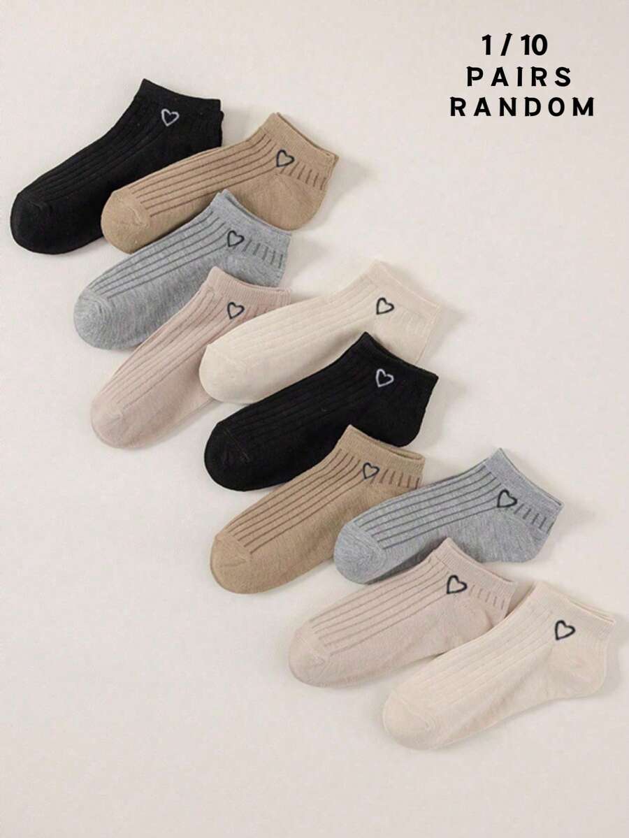 1/10 Pair 5-Color Socks, Heart Pattern, Minimalist Elegant Japanese Style Casual, Comfortable Breathable, Suitable For Sneakers - Multicolor - View 1