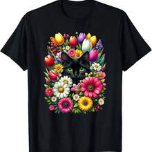 Boho Cute Black Cat Hiding In Spring Flowers T-Shirt - Black - View 6
