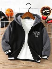 Tween Boys' Casual Sports College Style Vintage Hooded Jacket, Autumn/Winter - Black - View 1
