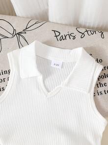 2pcs/Set Young Girls Casual Fashion Elegant Cute, Soft Comfortable, Minimalist Solid Color V-Neck Knit Vest And Butterfly Print Denim Sports Shorts, Girls Clothing Set, Children Girls Clothing, Girls Clothing, Girls Clothing, Suitable For Daily Wear, Home, Vacation, Party, Outdoor Activities - Multicolor - View 5