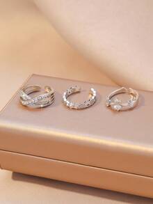 3pcs Elegant Fashion Cubic Zirconia Butterfly Heart Line Ring Set, Geometric Decor Open Ring Set, Suitable For Women's Daily, Holiday, Banquet, Wedding Wear And Decoration, As Birthday Gift - Silver - View 4