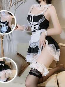 OBOVAY 1件女款女僕 Cosplay 套裝，性感修身內衣/女僕制服，萬聖節角色扮演私人拍照派對，情人節聖誕約會之夜氛圍穿搭禮物 - 彩色 - 查看 5