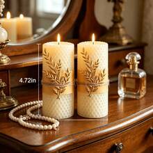 2pcs Beeswax Candle Set, Large Honeycomb Beeswax Cylindrical Candles With Gold Foil Decoration, Pure Beeswax Candles, Home Decor Gift, Candle Lovers - 2 Packs, White - View 4