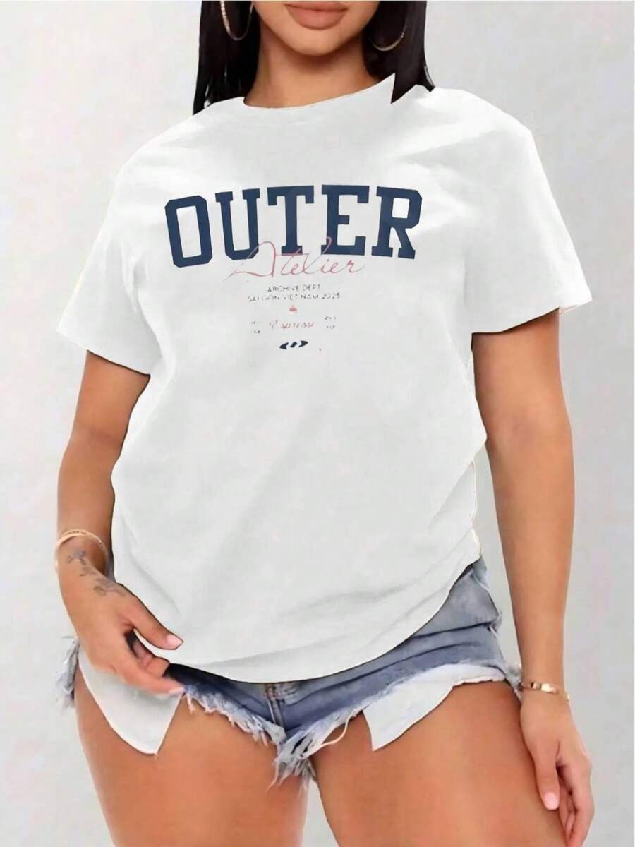 YOCASA Women's Summer T-Shirt With Round Neck And Short Sleeves, Oil Painting Print With Floral Heart And Letter Design, Casual, Simple And Sporty Style For Everyday Wear - YH114-白色 - 查看 1