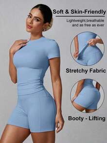 Women's Simple Solid Color Tracksuit With Shorts And Short Sleeves, Summer Black - Blue - View 1