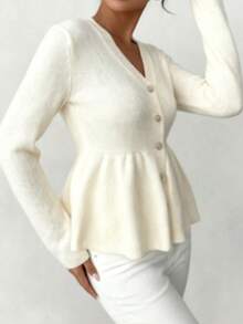 Plus Size Fashion Button-Up Cardigan, V-Neck, Regular Sleeve, Flared Ruffle Hem Design - Beige - View 3