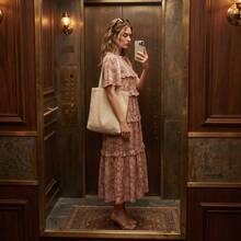 法式溫柔風花卉蛋糕裙，荷葉邊短袖中長洋裝，層次荷葉蛋糕裙中長優雅度假風 - 紅色 - 查看 4