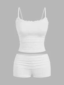 on lazo de cinta y detalle de encaje de dos piezas, conjunto de ropa de estar en casa de top de tirantes y shorts con estampado de vida silvestre adorable y acento de encaje dulce para niñas - Blanco - Ver 1