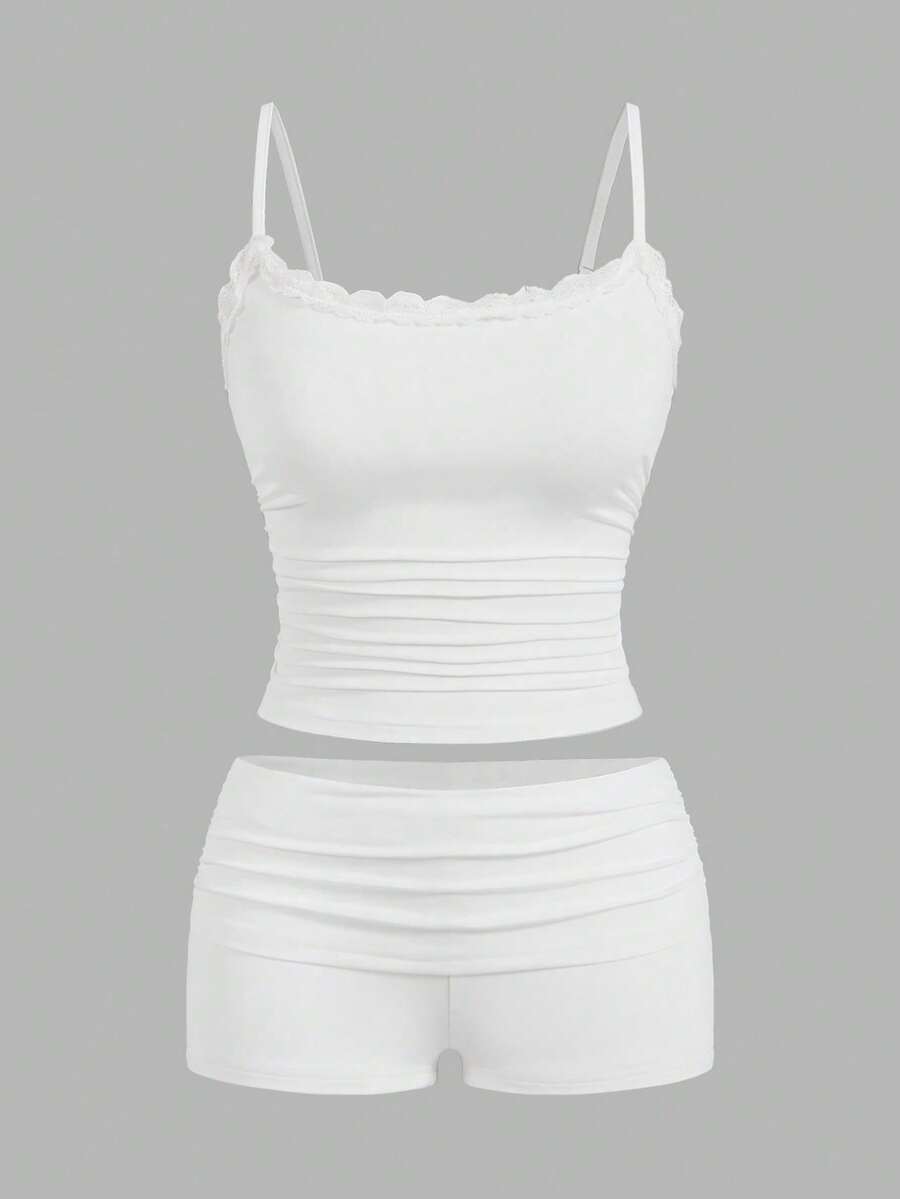 on lazo de cinta y detalle de encaje de dos piezas, conjunto de ropa de estar en casa de top de tirantes y shorts con estampado de vida silvestre adorable y acento de encaje dulce para niñas - Blanco - Ver 1