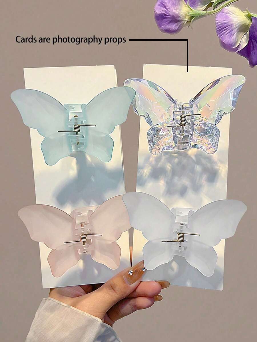 4pcs Women's Dreamy Blue White Pink Butterfly Shaped Large Lightweight Plastic Hair Clips, Fashionable Versatile Premium Minimalist Solid Color Claw Clips Hair Accessories, Suitable For Daily Outings, Commuting, Parties, Casual Vacations, Face Washing, Bathing, Makeup, Matching Outfits, Jewelry Headwear Accessories, Hair Clips, Claw Clips, Summer Essentials, Hair Accessories - Multicolor - View 1