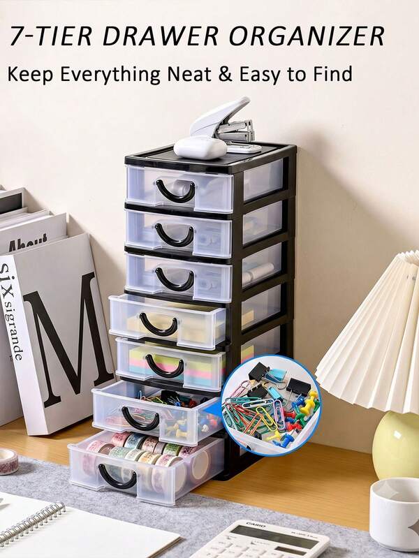 1pc/2pcs 7-Tier Plastic Drawer Organizer, Clear Desktop Storage Drawers, Small Parts Organizer For Office Supplies, Makeup, Jewelry, Nail Accessories, Craft Storage Container