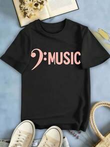 Camiseta negra de mujer con estampado musical, de algodón premium, estilo hip-hop urbano, cómoda, resistente y con un dise?o gráfico único. - Negro - Ver 2
