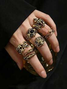 European And American Dark Skull Ring Set, Men's Hip Hop Niche Punk Exaggerated Pentagram Finger Ring, Men's Hand Jewelry - Five-pointed Star Ring for Men - View 2