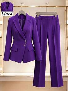 Women's Autumn/Winter Office Daily Solid Color Lined Double-Breasted Asymmetric Placket 3-Button Design Slim Fit Long Sleeve Blazer & Straight Leg Pants Set - Purple - View 1