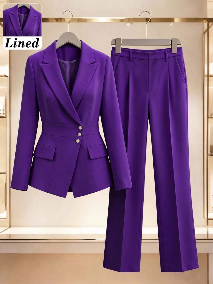 Women's Autumn/Winter Office Daily Solid Color Lined Double-Breasted Asymmetric Placket 3-Button Design Slim Fit Long Sleeve Blazer & Straight Leg Pants Set - Purple - View 1