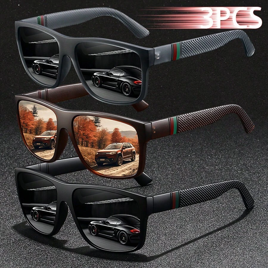 WSZ 3PCS Fashion Stripe Design Unisex Square Vintage Glasses Classic Driving Fishing Traveling Tropical Beach Vacay Vacation For Man Driver's Eyewear