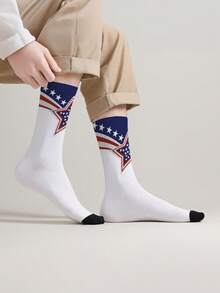 1 Pair 360° Printed Independence Day Theme Mid-Calf Socks, Red & Blue Star Pattern, Unisex - Multicolor - View 4