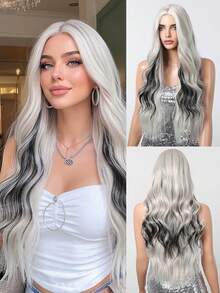 26 Inch Gradient Silver Black Wavy Synthetic Wig - Long Hair Style Without Bangs; Made Of Heat-Resistant Material, Featuring Fluid Water Wave Texture - Perfect For Shopping, Afternoon Tea With Friends, Birthday Parties, Music Festivals And Other Occasions - 挑染白色 - 查看 2