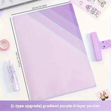 1pc 6-Layer Transparent L-Shaped Folder, Gradient Color PP Waterproof Material, Large Capacity Storage For Test Papers And Bills, Suitable For Student Exam Preparation Organization And Office Document Filing, Portable Loose-Leaf File Storage Bag, School Supplies - A - View 5