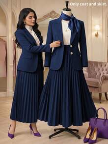 Elegant Plus Size Women Navy Blue Lapel NeckBlazer And Pleated Midi Skirt Set Fall - Deep Royal Blue - View 5