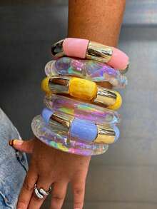 3pcs Random Bohemian Geometric Asymmetrical Y2K Colorful Transparent Acrylic Holographic Cuff Bracelets, Luxurious Casual Party Women Couple Wedding Vacation Versatile Jewelry Bracelet Gift - Multicolor - View 1