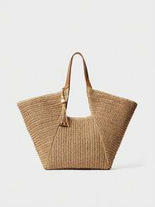 Large Capacity Bohemian Woven Straw Tote Bag With Fringe And Striped And Plain PU Handles For Beach Vacation Summer - Black - View 1