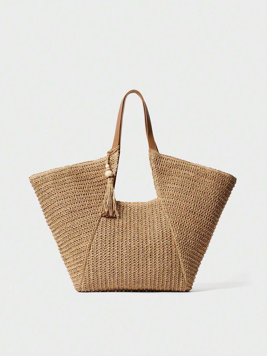 Large Capacity Bohemian Woven Straw Tote Bag With Fringe And Striped And Plain PU Handles For Beach Vacation Summer - Black - View 1