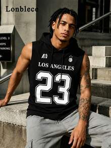 Lonblece Summer Men's Brand Digital Print Hoodie Tank Top - Black - View 1