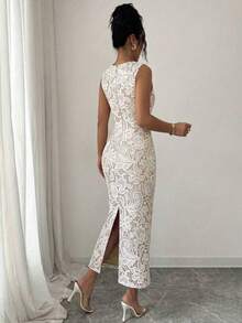 Vestido blanco para mujer, de verano, elegante, para invitada de boda, sin mangas, cuello en V, cintura ceñida, ajustado, con fruncido, estam - Blanco - Ver 3