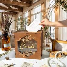 1pc Brown Card Box With Acrylic Window, Designed For Wedding Reception Gift Cards, Also Suitable For Birthday Party And Rustic Wedding Decor - 1PC - View 6