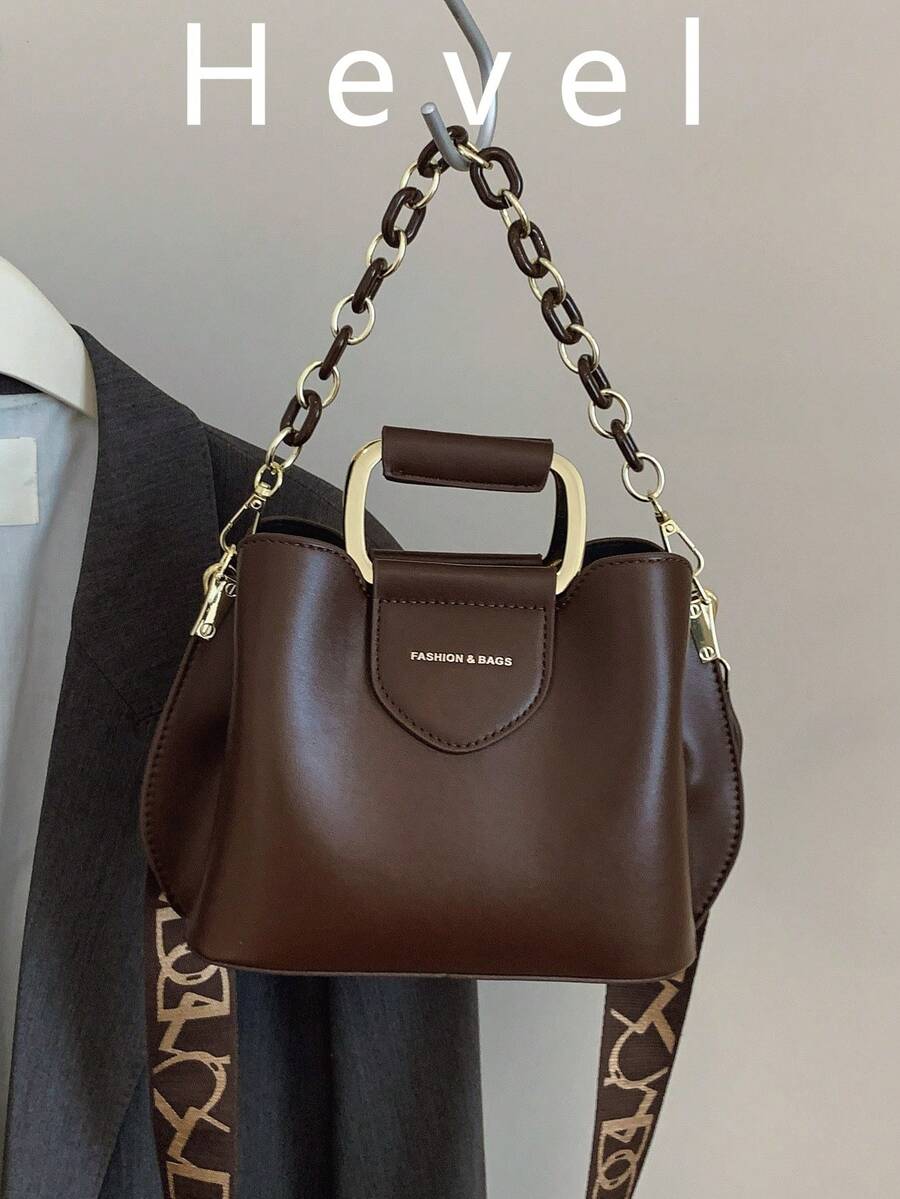 Hevel, Bolso de mano con decoración de cadena de estilo casual de negocios, adecuado para adolescentes, bolso de hombro y bandolera para mujeres estudiantes universitarias, recién llegadas al lugar de trabajo y trabajadoras de cuello blanco. Perfecto para oficina, campus, trabajo, negocios, desplazamientos, actividades al aire libre, viajes y salidas. - Café integral - Ver 1