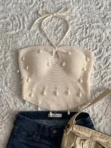 Solid Color Faux Pearl Detail Halter Neck Cutout Beach Knit Top - Apricot - View 1