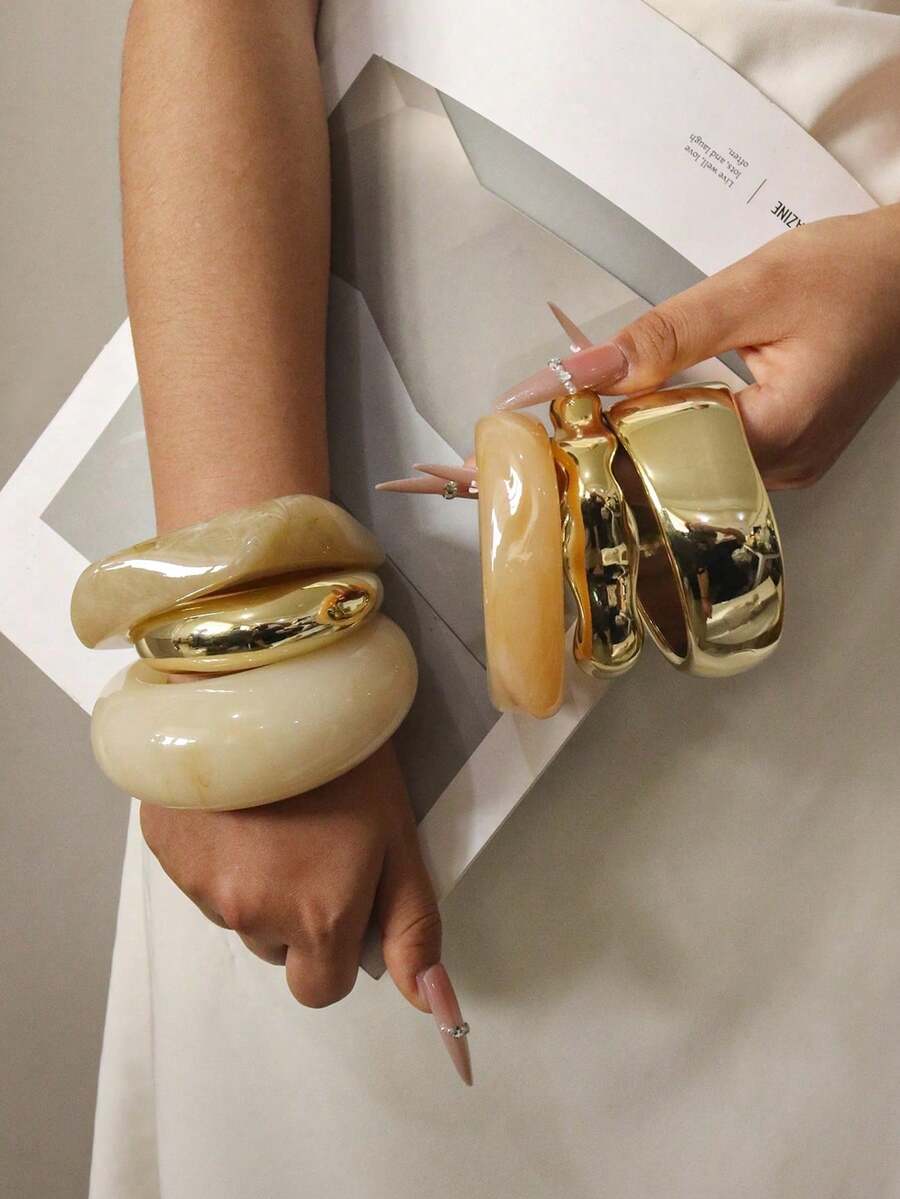 Set Of 3 Unique Bracelets For Women, Elegant, Luxurious, Modern, Wide, Gradient Resin, Color May Vary, Lot - 多色 5 - 查看 1
