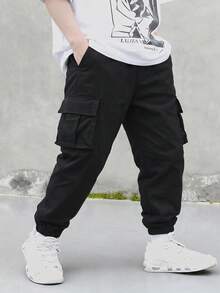 4-7 Years Old Boys Black Side Pocket Cargo Pants Loose Casual Sports Long Pants Children All Season - Black - View 1