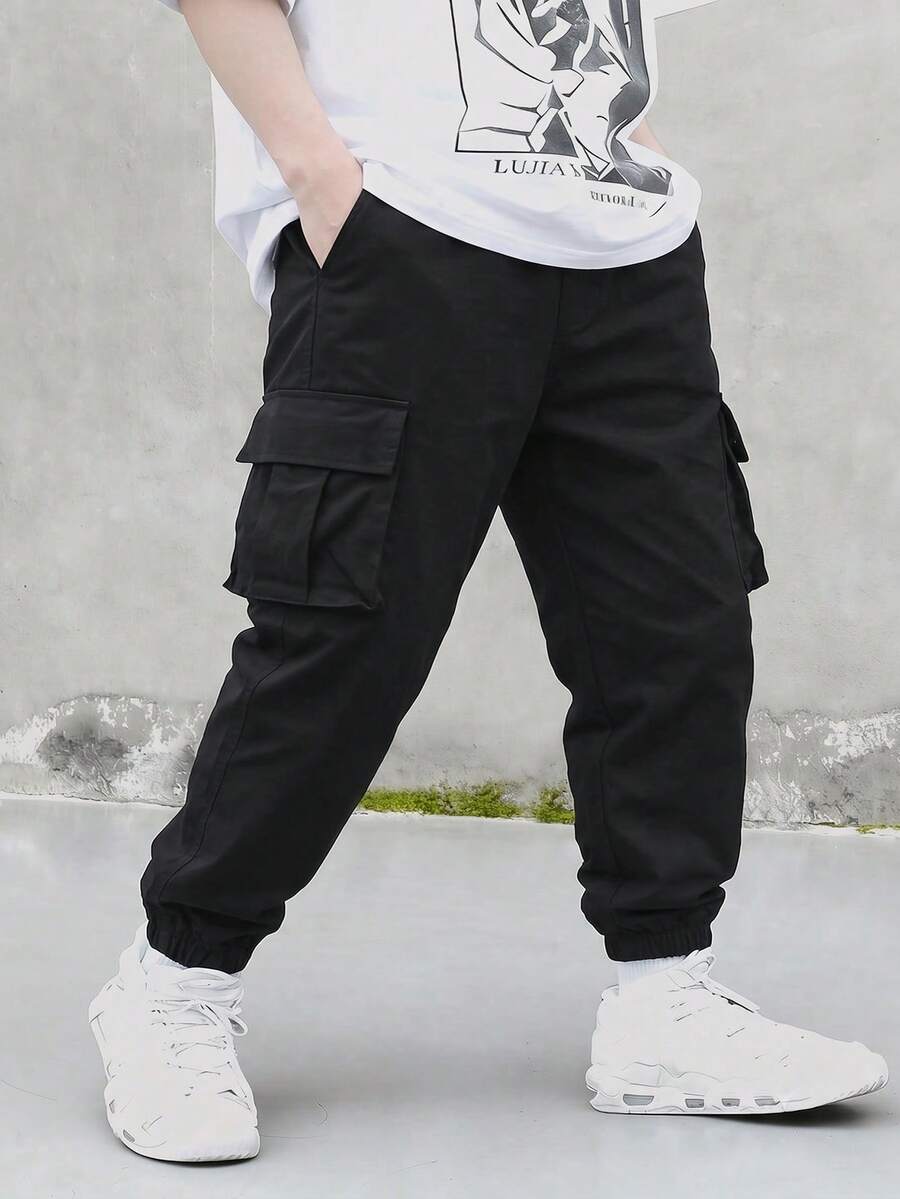 4-7 Years Old Boys Black Side Pocket Cargo Pants Loose Casual Sports Long Pants Children All Season - Black - View 1