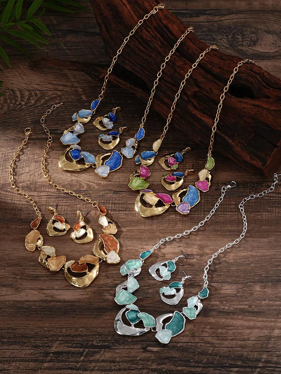 Cring Coco 2pcs/Set Perhiasan Wanita Set Fashion Boho Nautical Geometris Kalung dan Anting untuk Pesta Sehari-hari, Liburan, Festival Musik, Pantai, Aksesoris, Hadiah - geometri - View 1