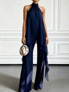 Summer Elegant Purple Halter Neck Asymmetric Two Pieces Set, Halter Neck High Collar Sleeveless Asymmetric Top With Wide Leg Pants - Dark Blue - View 6
