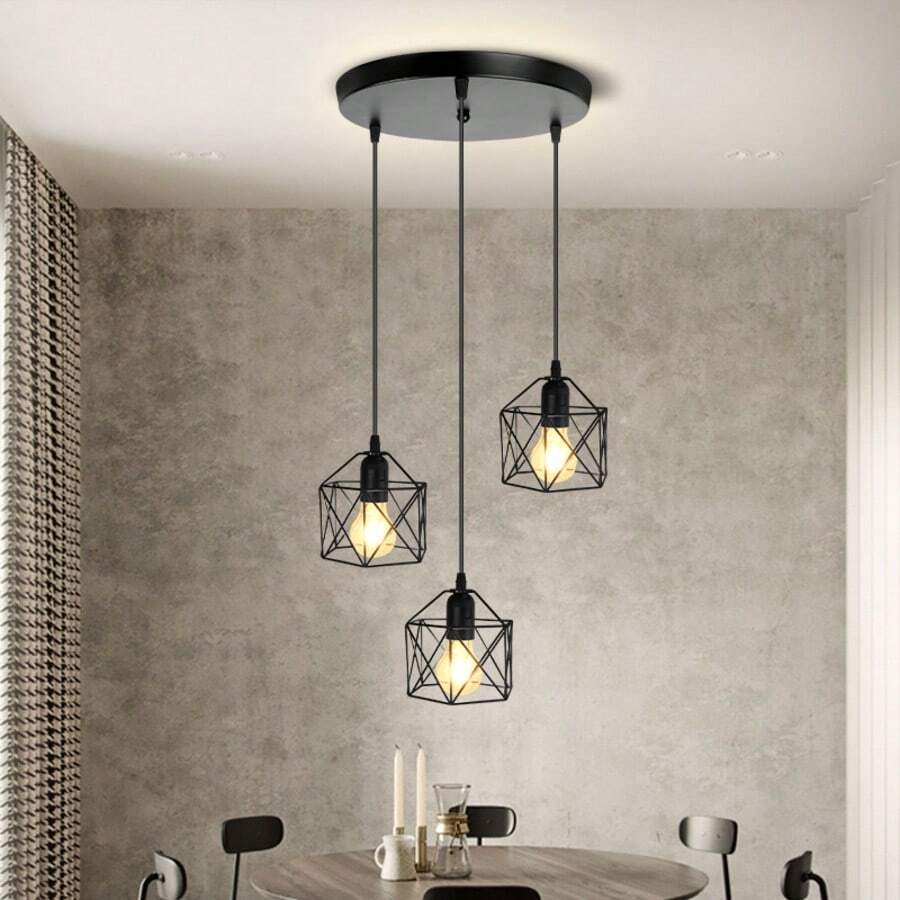3-Head Triangular Iron Ceiling Light/Pendant Lamp, Retro Style, Adjustable Length, Suitable For Exhibition Hall/Reading Room/Dining Room/Bar/Bedroom/Cafe/Dining Hall/Clothing Store/Living Room, Comes With Or Without Bulb, E26/E27 Base, Black
