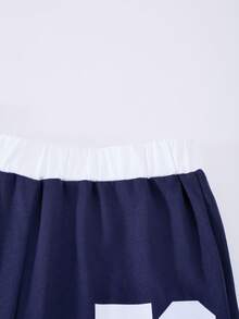 Tween女孩春秋時尚運動印花露肩長袖上衣 + 寬鬆寬腿長褲 2件套，兒童日常戶外休閒穿著返校季街頭Y2K風格 - 藏蓝色 - 查看 6