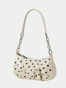 1pc Fashion Polka Dot Decorated Women's Shoulder Bag, Metal Chain Cloud Pleated Bag, Suitable For Shopping, Party, Shopping, Travel And Daily Use - White - View 2
