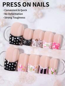 24 buah Kuku Palsu Pendek Motif Polkadot, Desain Bunga dan Vintage, Kuku Tempel Persegi Gaya French Press, Kuku Palsu Pendek untuk Membuat Ujung Jari Anda Berkilau dan Menarik, Sempurna untuk Pesta, Dansa, dan Penggunaan Sehari-hari - MultiWarna - View 3